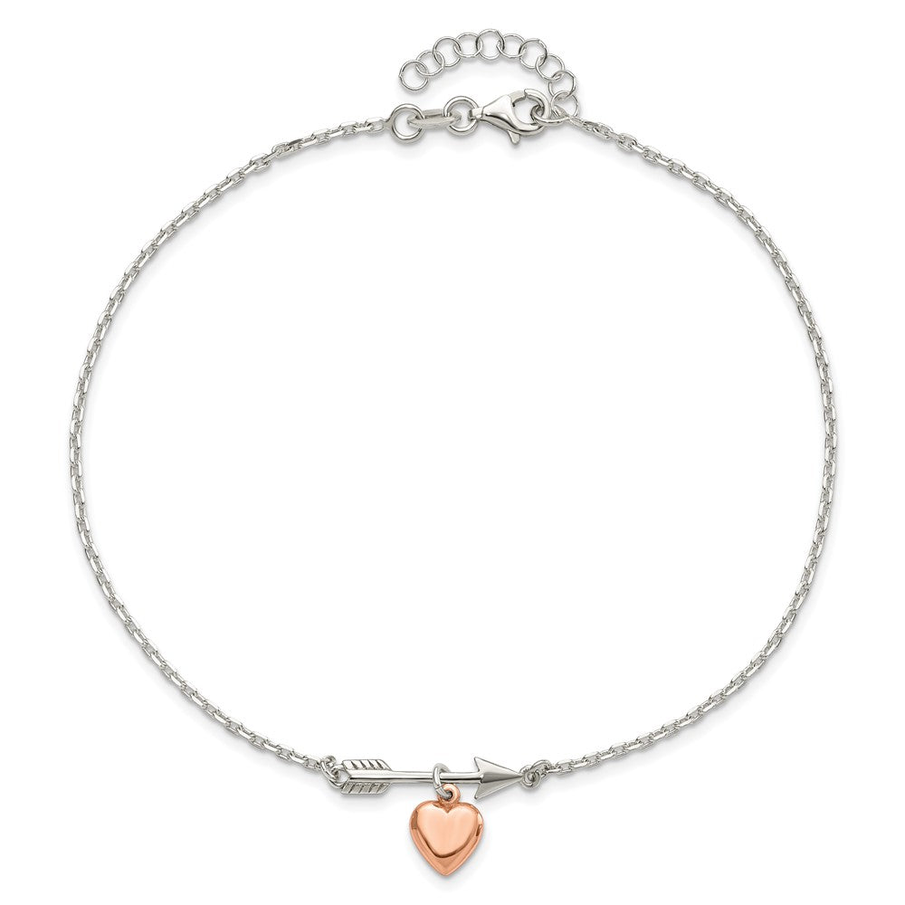 Sterling Silver Arrow with Rose-tone Heart 10in Plus 1 inch Ext Anklet 10 inches