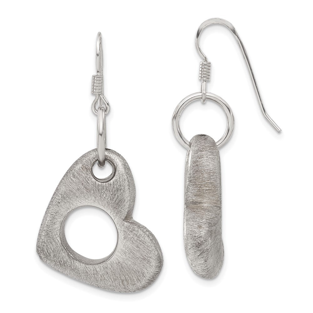 Sterling Silver Brushed Heart Dangle Earrings
