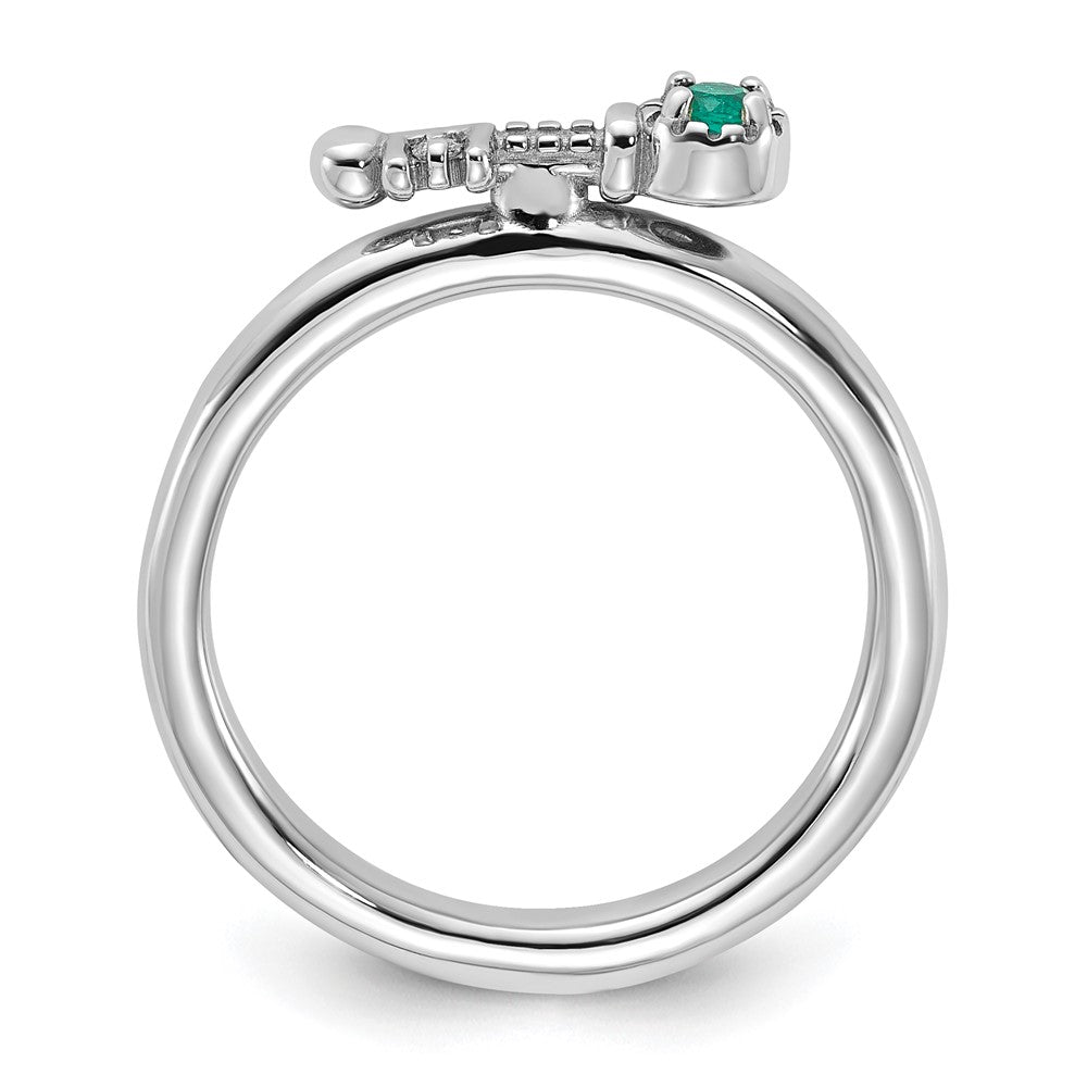 Sterling Silver Stackable Expressions Rhodium-plated Created Emerald and White Topaz Key Ring Size -5