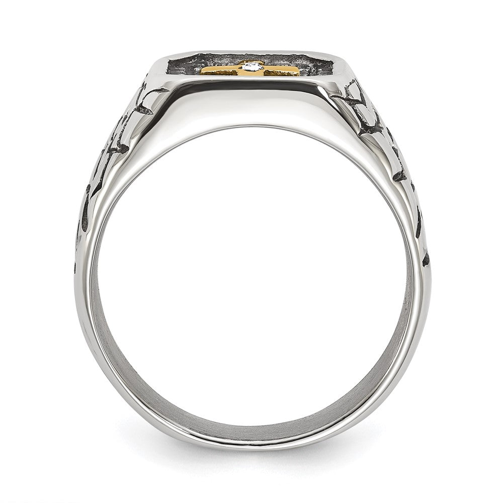 Chisel Stainless Steel Antiqued and Polished Yellow IP-plated with CZ Cross Signet Ring Size - 11