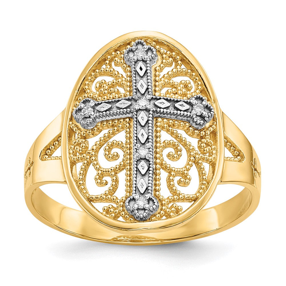 14k Yellow & White Gold Diamond Filigree Cross Ring Size 7.5
