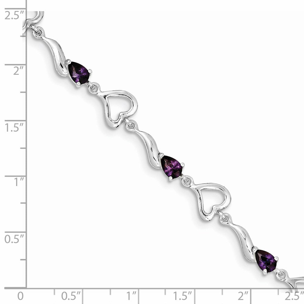 Sterling Silver Rhodium-plated Amethyst Polished Fancy Heart Bracelet 7 inches