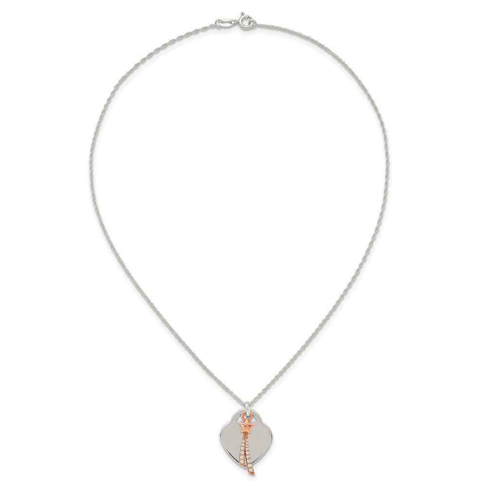 Sterling Silver Rose-tone Polished CZ Shooting Star and Heart Necklace 16 Inches