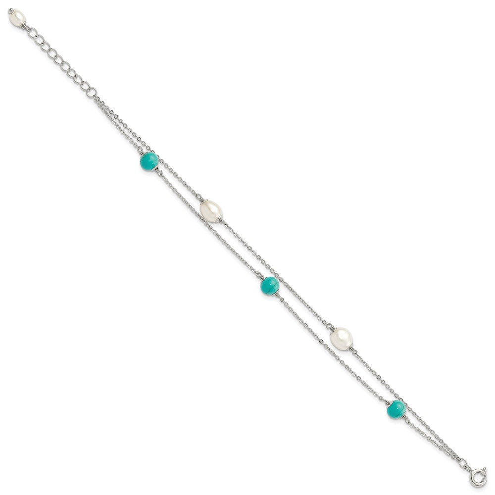 Sterling Silver Rhodium-plated Turquoise/FWC Pearl w/1in Ext Bracelet 7 inches