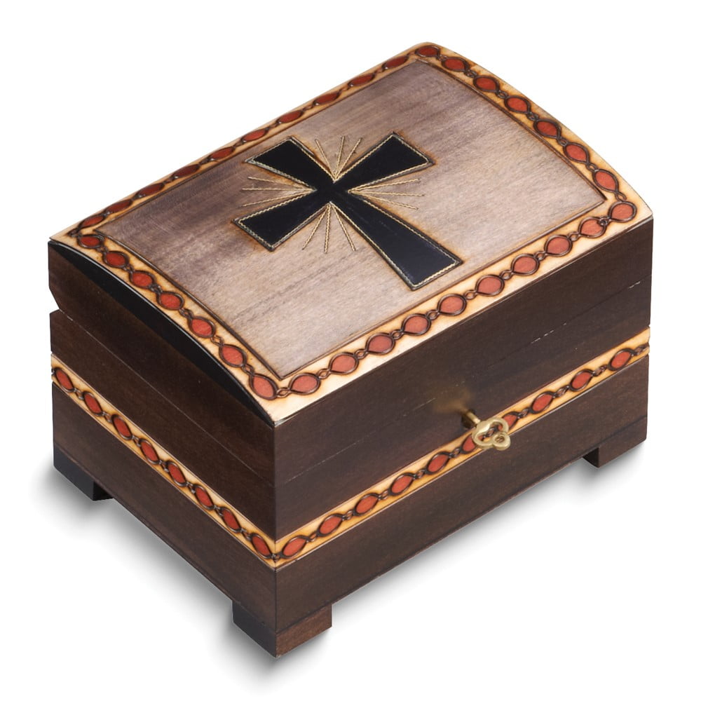 Cross Handcrafted Carved Painted Locking Wooden Keepsake Box QGM16153
