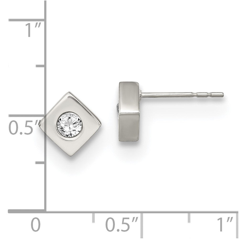 Stainless Steel Brushed w/CZ Diamond-shaped Post Earrings