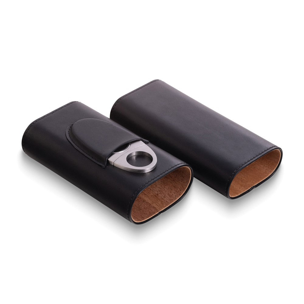 Black Leather Three Cigar Holder with Stainless Steel Cutter Set