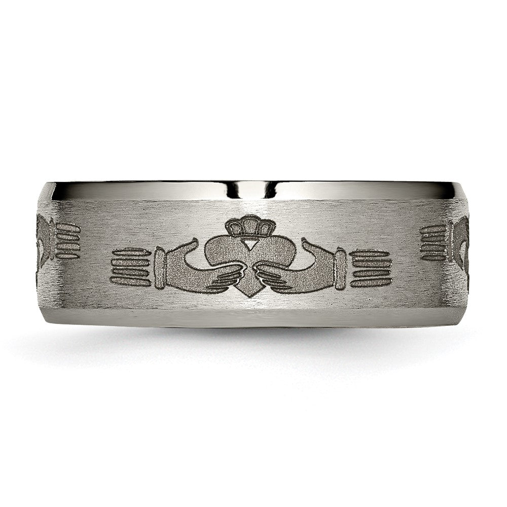 Titanium Brushed/Polished Claddagh Laser Design 8mm Beveled Edge Band Size - 7.5
