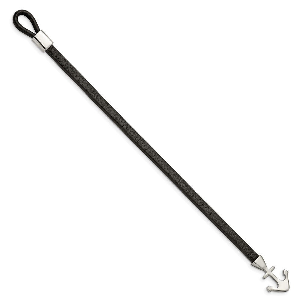 Stainless Steel Polished Anchor Black Leather 8in Bracelet 8 inches
