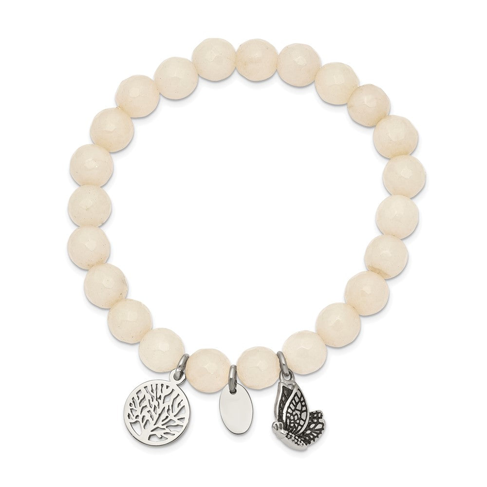 Stainless Steel Antiqued & Polished Butterfly White Jade Stretch Bracelet 6.25 inches