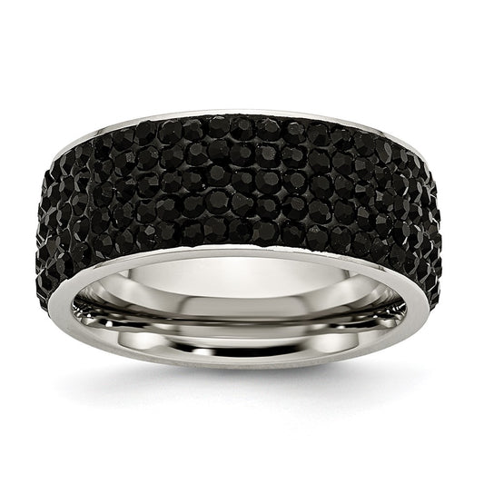 Stainless Steel Polished w/Black Crystal 9mm Band Size - 7