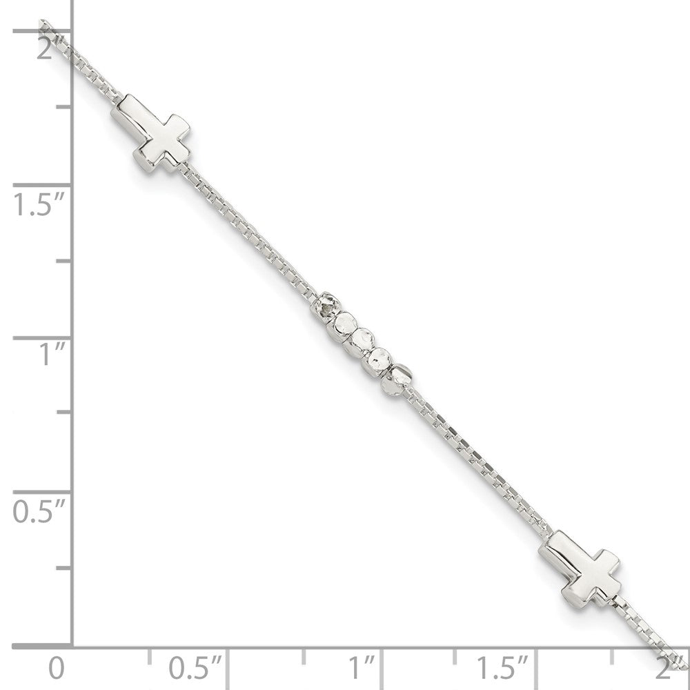 Sterling Silver Fancy Bead & Cross w/ 1in ext Bracelet 8 inches