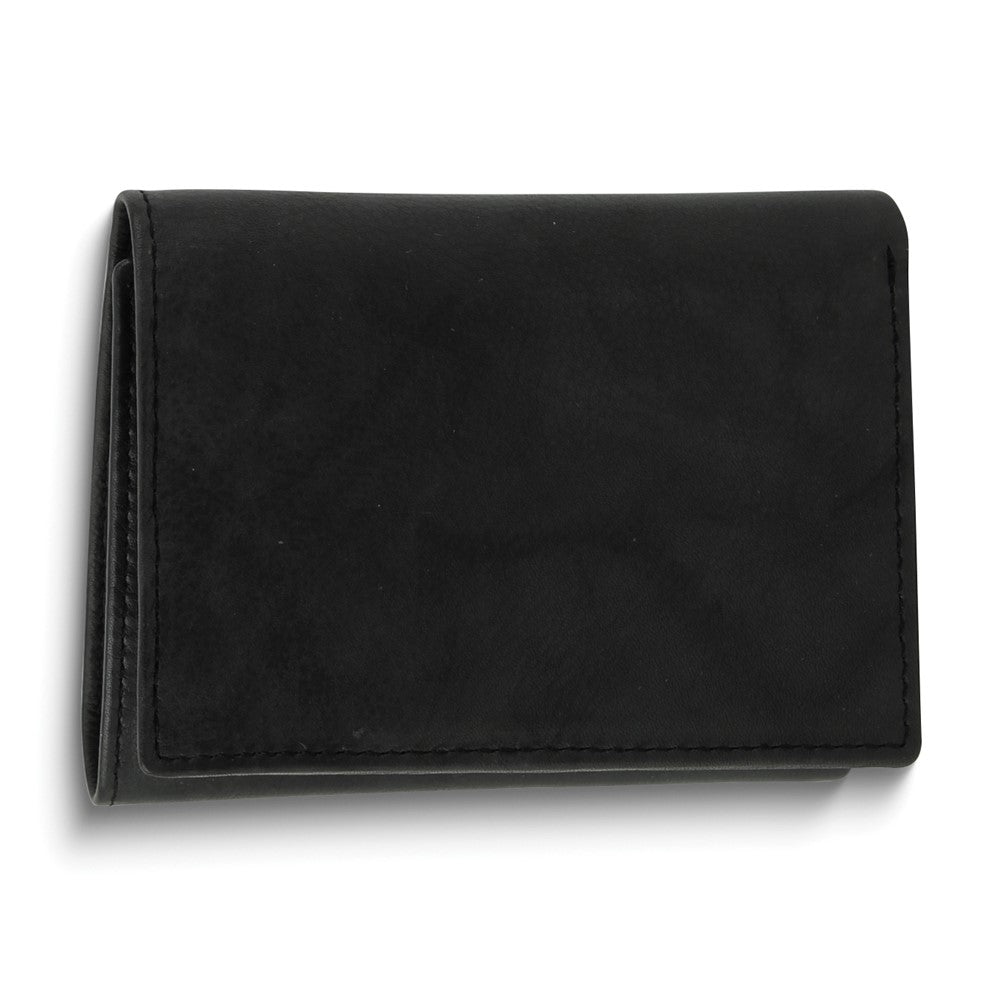 Black Calf Skin Leather RFID Blocking 6-Slot Trifold Wallet with ID Window
