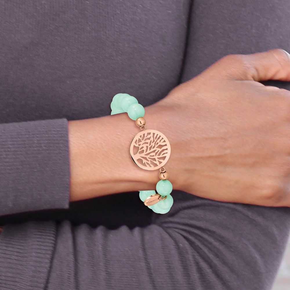Stainless Steel Polished Rose IP Tree Green Dyed Jade Stretch Bracelet 6 inches