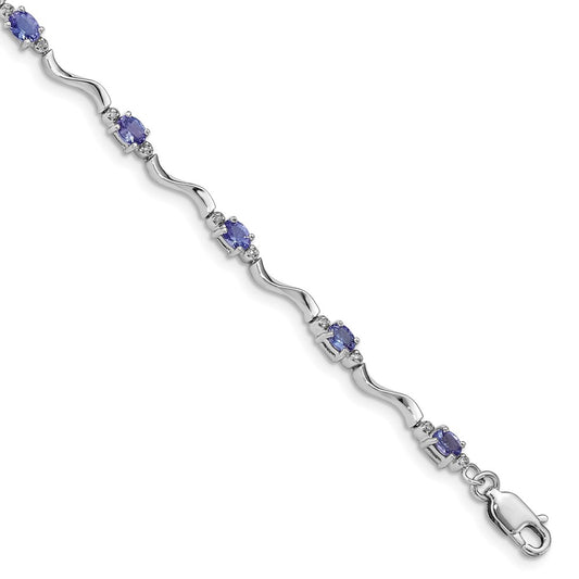 Sterling Silver Rhodium Plated Diamond and Tanzanite Bracelet 7 inches
