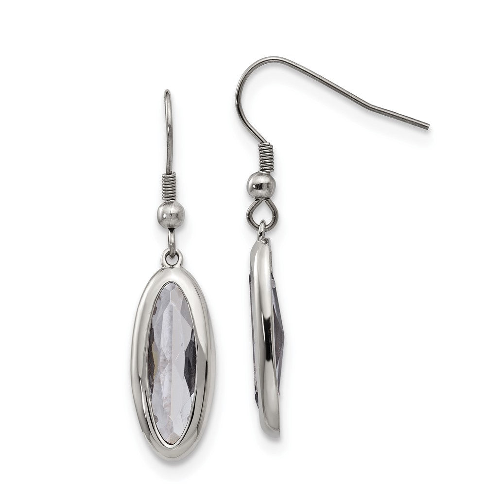 Stainless Steel Polished Grey Glass Oval Dangle Shepherd Hook Earrings