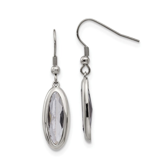 Stainless Steel Polished Grey Glass Oval Dangle Shepherd Hook Earrings