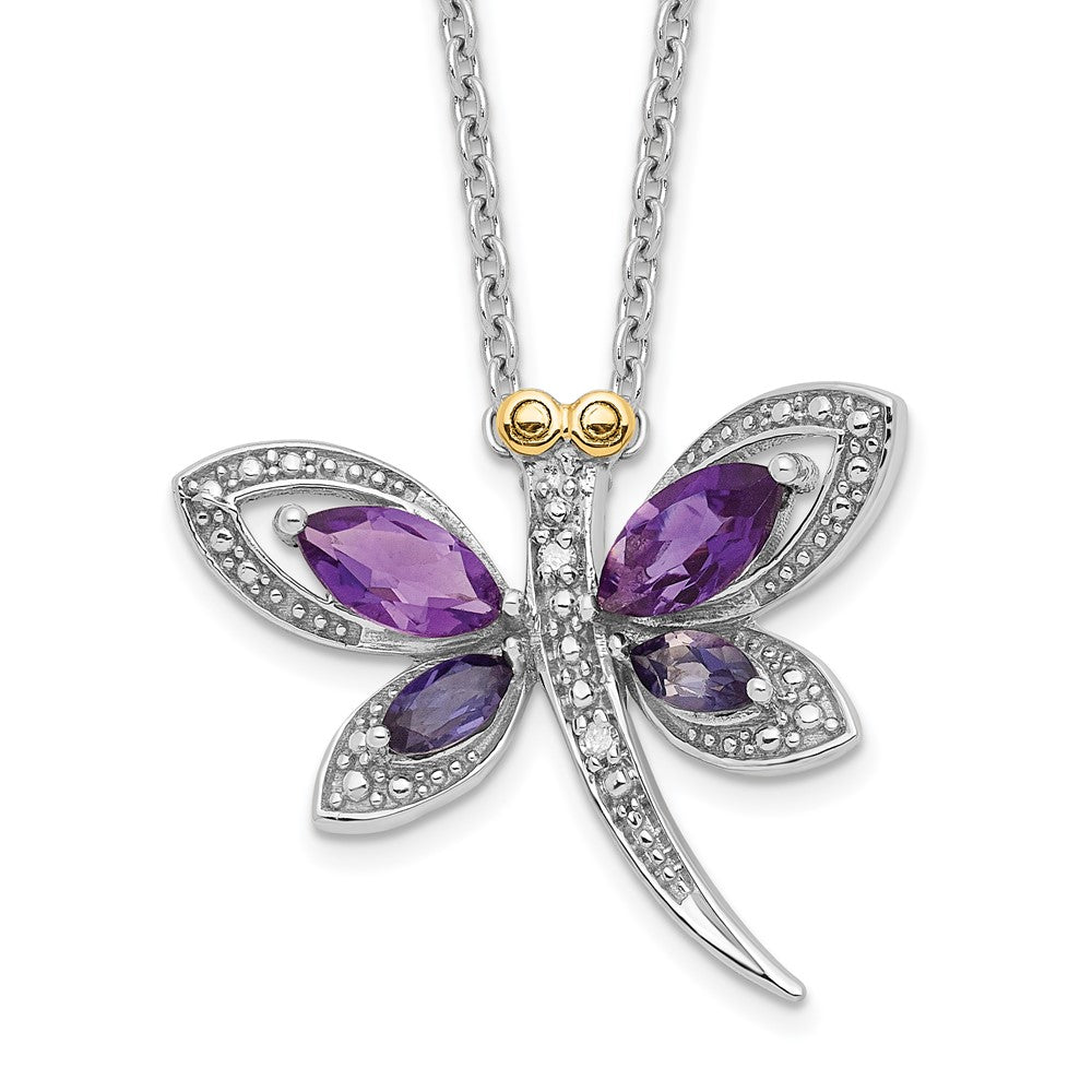 Brilliant Gemstones Sterling Silver with 14K Accent Rhodium-plated Amethyst and Iolite and Diamond Dragonfly 18 Inch Necklace with 2 Inch Extender 17 Inches