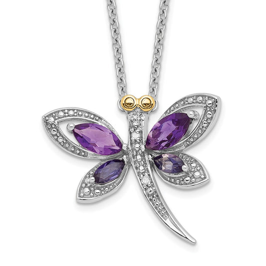 Brilliant Gemstones Sterling Silver with 14K Accent Rhodium-plated Amethyst and Iolite and Diamond Dragonfly 18 Inch Necklace with 2 Inch Extender 17 Inches