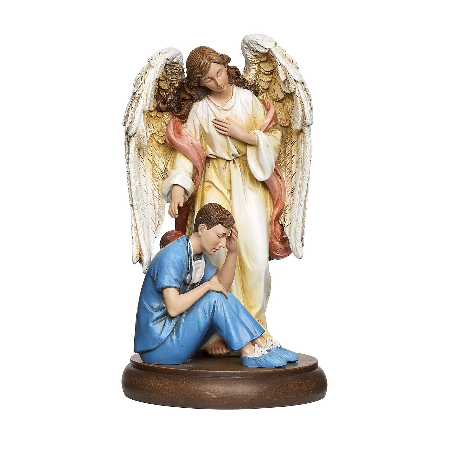7.25" White and Blue Guardian Angel with Male Religious Tabletop Figurine