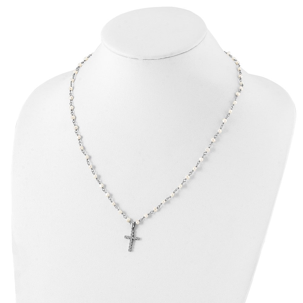 Sterling Silver Rhodium-plated 4-5mm White Near-Round Freshwater Cultured Pearl and CZ Cross 21 inch Necklace 21 Inches