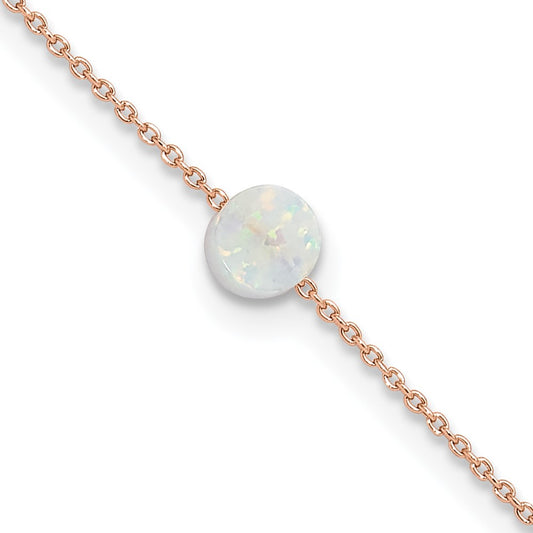 Sterling Silver Rose-tone White Created Opal 9in Plus 2 in ext. Anklet 9 inches