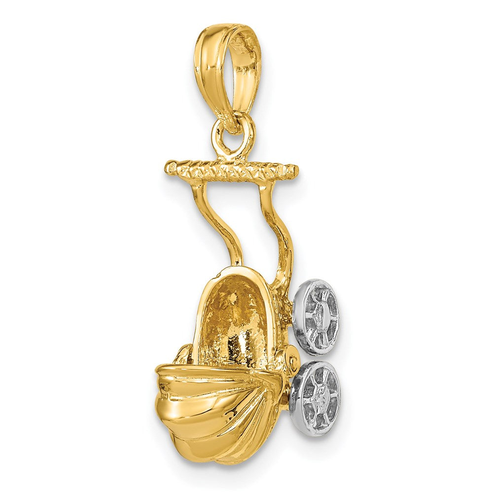 14k w/ Rhodium 3-D Baby Stroller w/ Moveable Wheels Charm