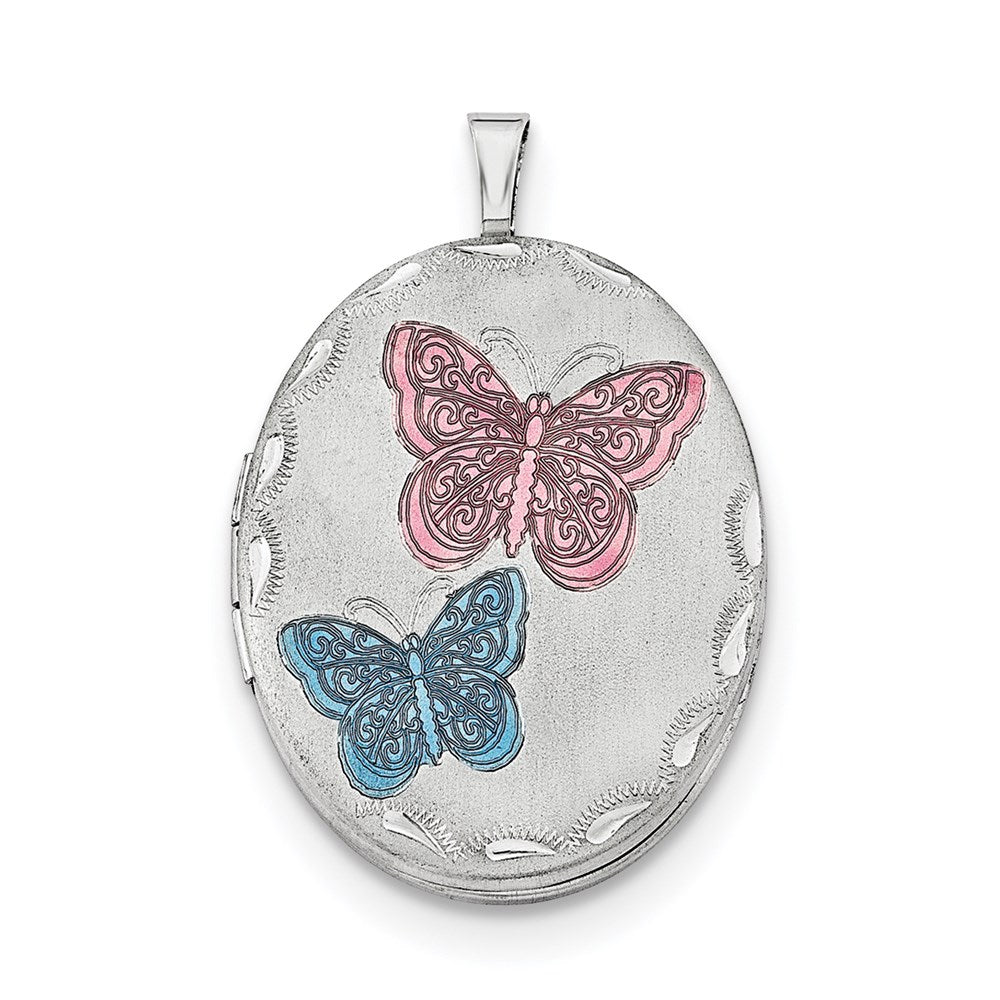 Sterling Silver RH-plated 26mm Enameled Butterfly Oval Locket Necklace 18 Inches