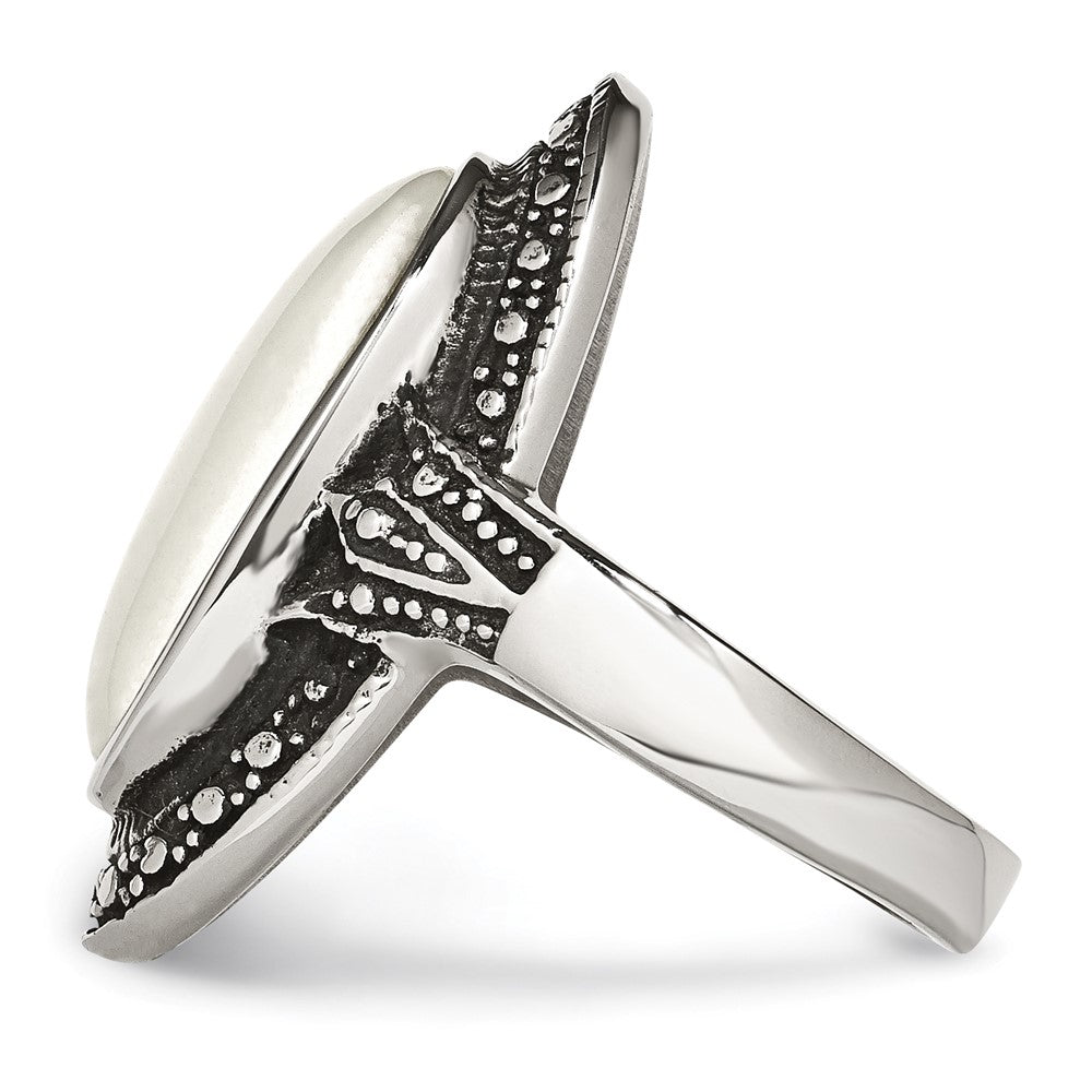 Stainless Steel Antiqued & White Cat's Eye Size 8 Ring