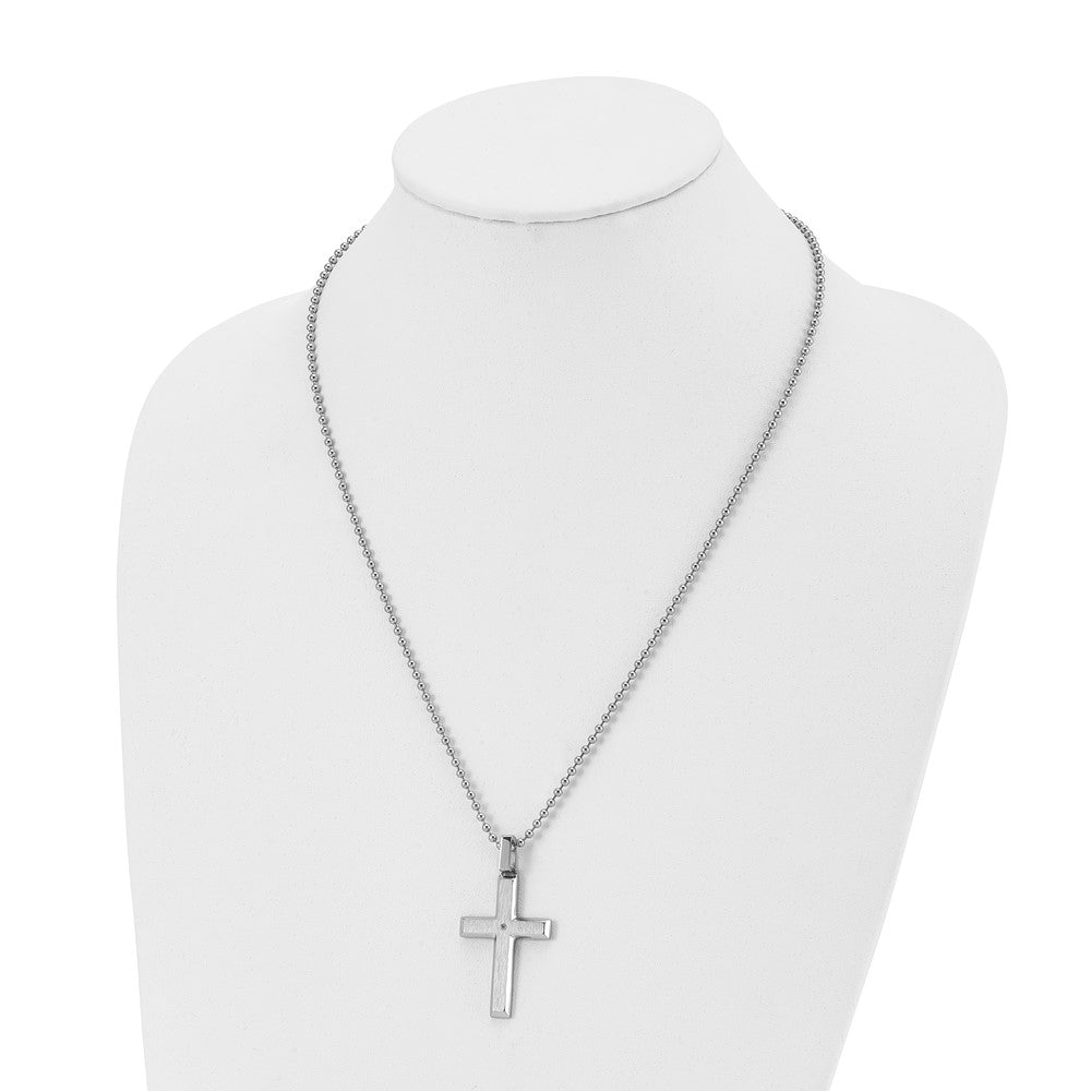 Stainless Steel Brushed & Polished w/.01ct Diamond Cross 22 inch Necklace