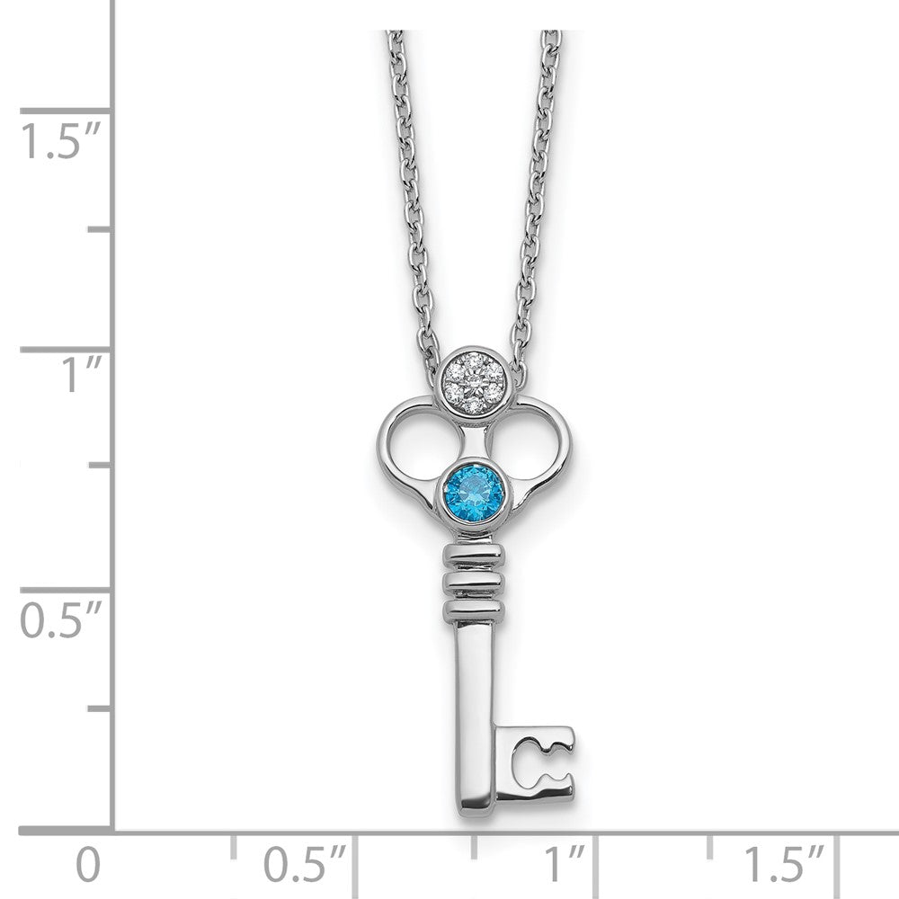 White Ice Sterling Silver Rhodium-plated Key with Blue Topaz and Diamond 18in Necklace with 2in extender