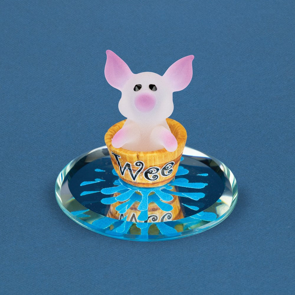 Glass Baron White and Pink Little Wee Pig Figurine in Brown Barrel On Hand Beveled Mirror Base Accented in Genuine Swarovski Crystal