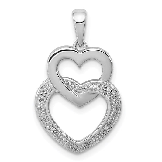 Sterling Silver Rhodium Plated Diamond Double Heart Pendant