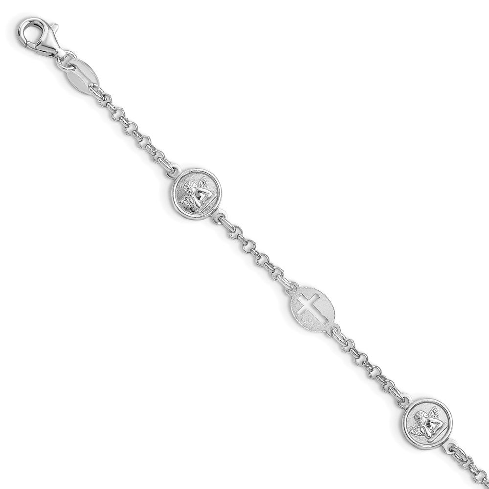 Sterling Silver Rhodium Plated Cross and Angel Bracelet 7.5 inches