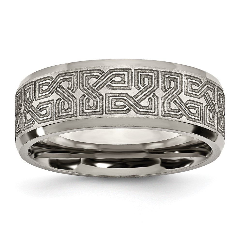 Titanium Brushed & Polished Greek Key Laser Design 8mm Beveled Band Size - 9.5
