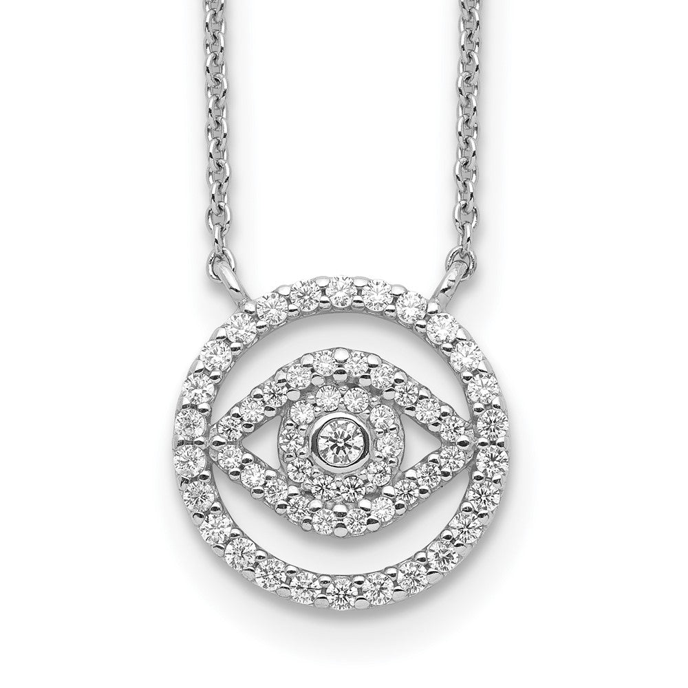 Sterling Silver Rhodium Plated CZ Evil Eye Necklace w/2in ext. 17 Inches