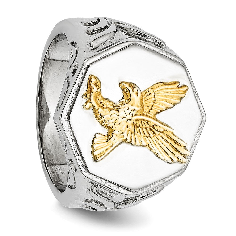 Stainless Steel Polished Yellow IP-plated w/Sterling Silver Eagle Ring Size - 9
