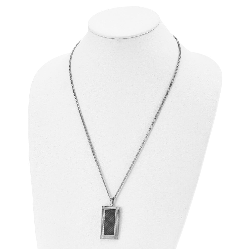 Stainless Steel Polished Grooved Black Carbon Fiber Inlay 24in Necklace