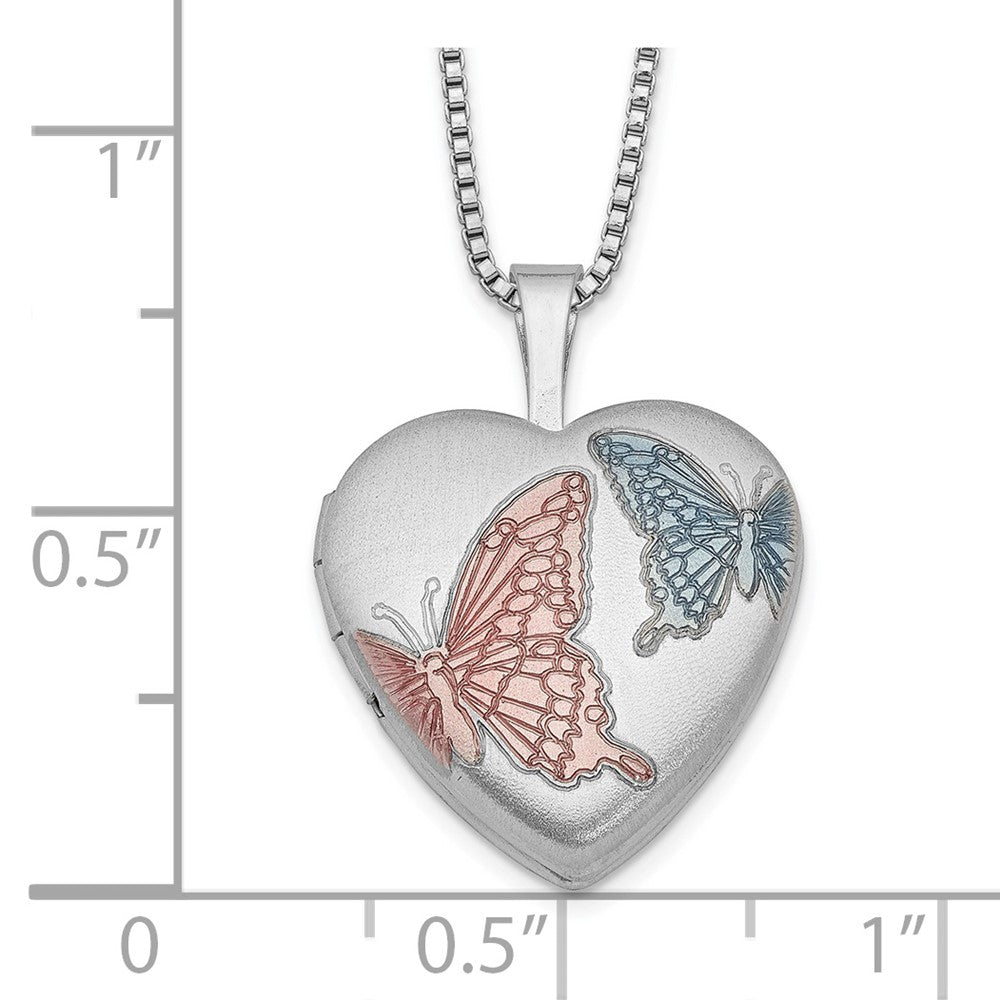 Sterling Silver RH-plated 16mm Satin Enamel Butterfly Heart Locket Necklace 18 Inches