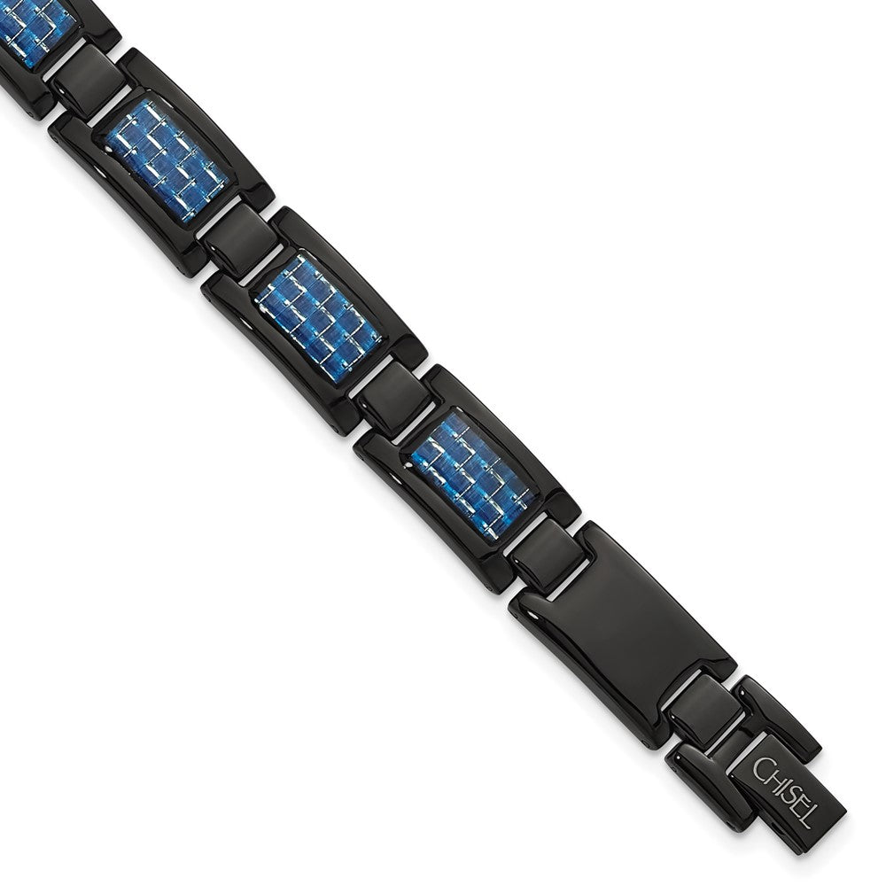 Stainless Steel Polished Black IP-plated w/Blue Carbon Fiber Inlay Bracelet 8.25 inches