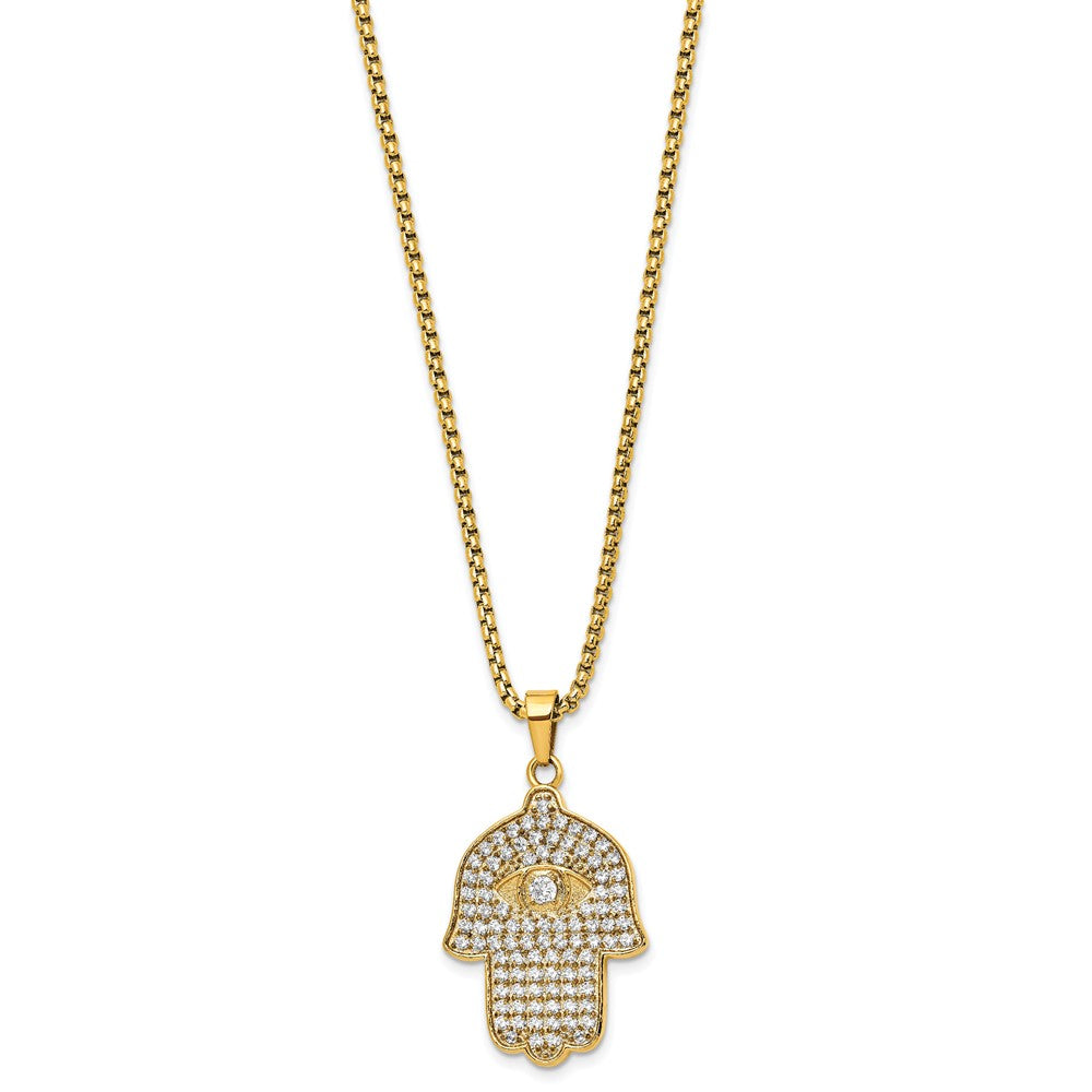 Stainless Steel Polished Yellow IP-plated w/CZ Hamsa 24in Necklace
