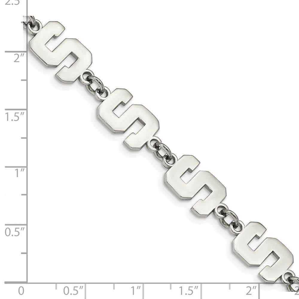 Stainless Steel LogoArt Michigan State University Letter S Links 7 inch Bracelet with 1.5 inch Extender QST515MIS