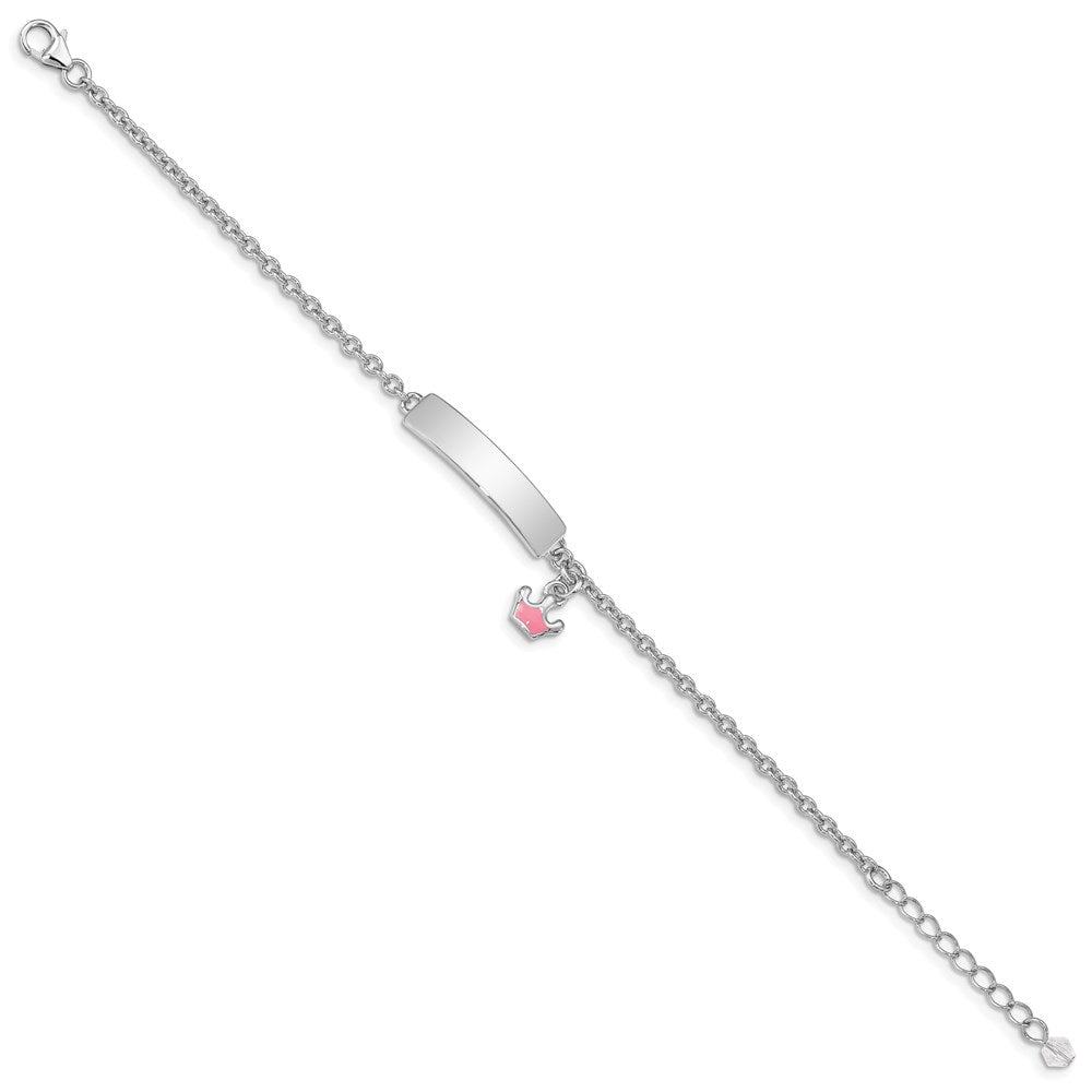 Sterling Silver Rhodium-plated Polished & Pink Enameled Crown with 1 Inch Extension Children's ID Bracelet 7 inches