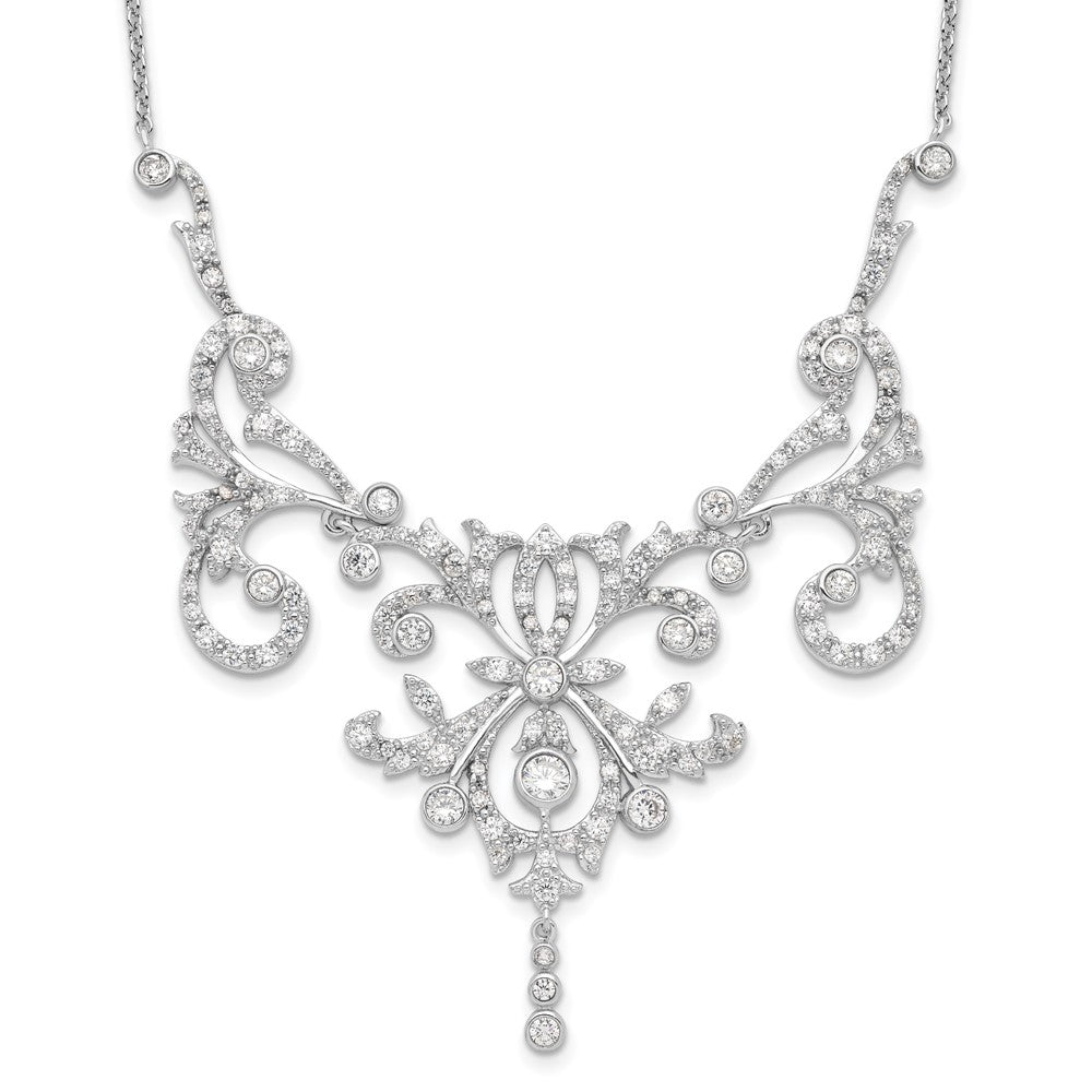 Cheryl M Sterling Silver Rhodium-plated Brilliant-cut CZ Bezel Fancy Scroll 17 Inch Necklace with 2 Inch Extender 17 Inches