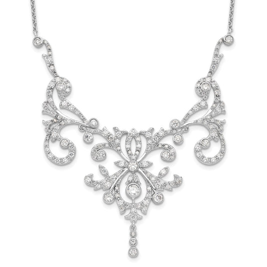Cheryl M Sterling Silver Rhodium-plated Brilliant-cut CZ Bezel Fancy Scroll 17 Inch Necklace with 2 Inch Extender 17 Inches