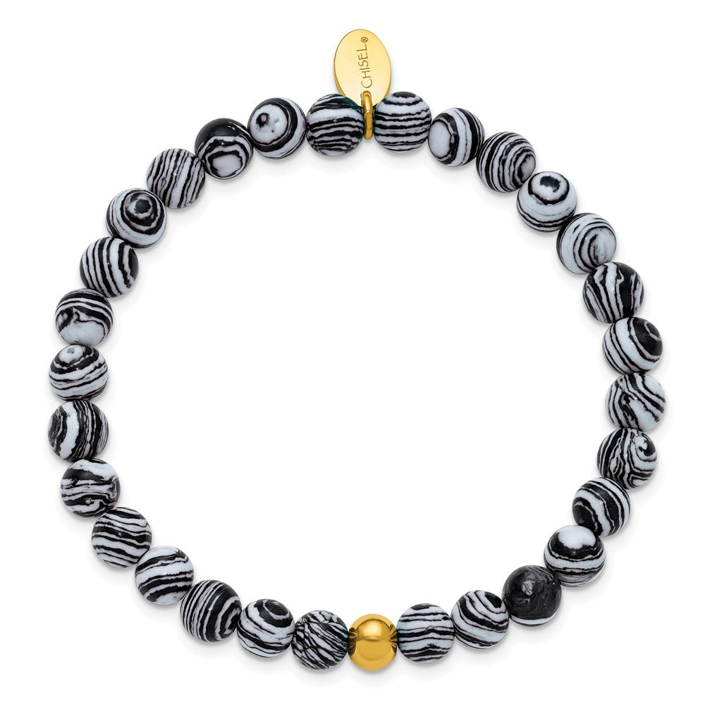 Chisel Stainless Steel Polished Yellow IP-plated 6mm Black Line Agate Beaded 6.25 inch Stretch Bracelet 6.25 inches