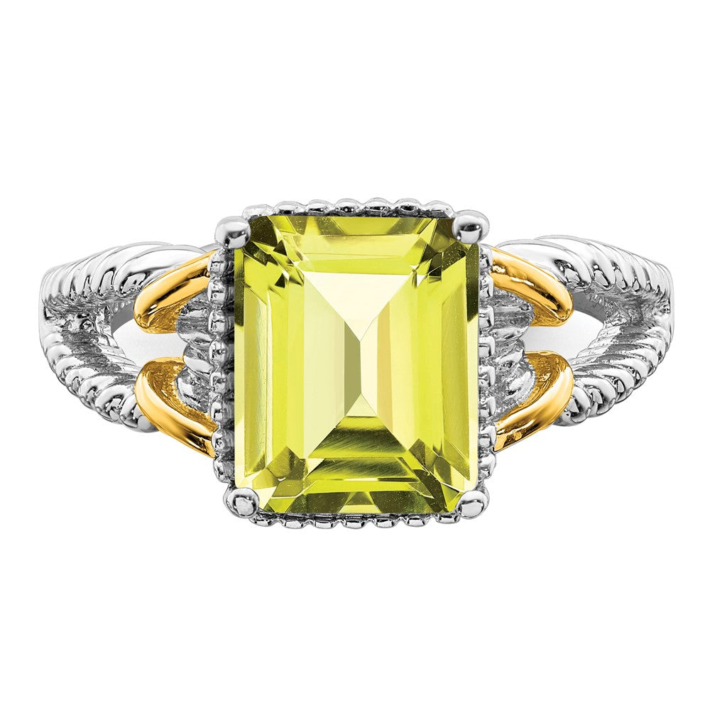 Sterling Silver Rhodium w/ Flash Gold-plate Lemon Quartz Octagonal Ring