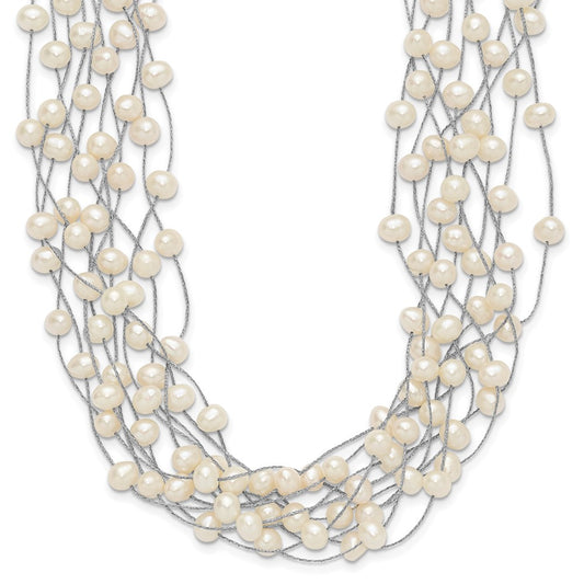 Sterling Silver Rhodium-plated 6-8mm White Semi-Round Freshwater Cultured Pearl Multi Strand 15 inch Necklace 15 Inches