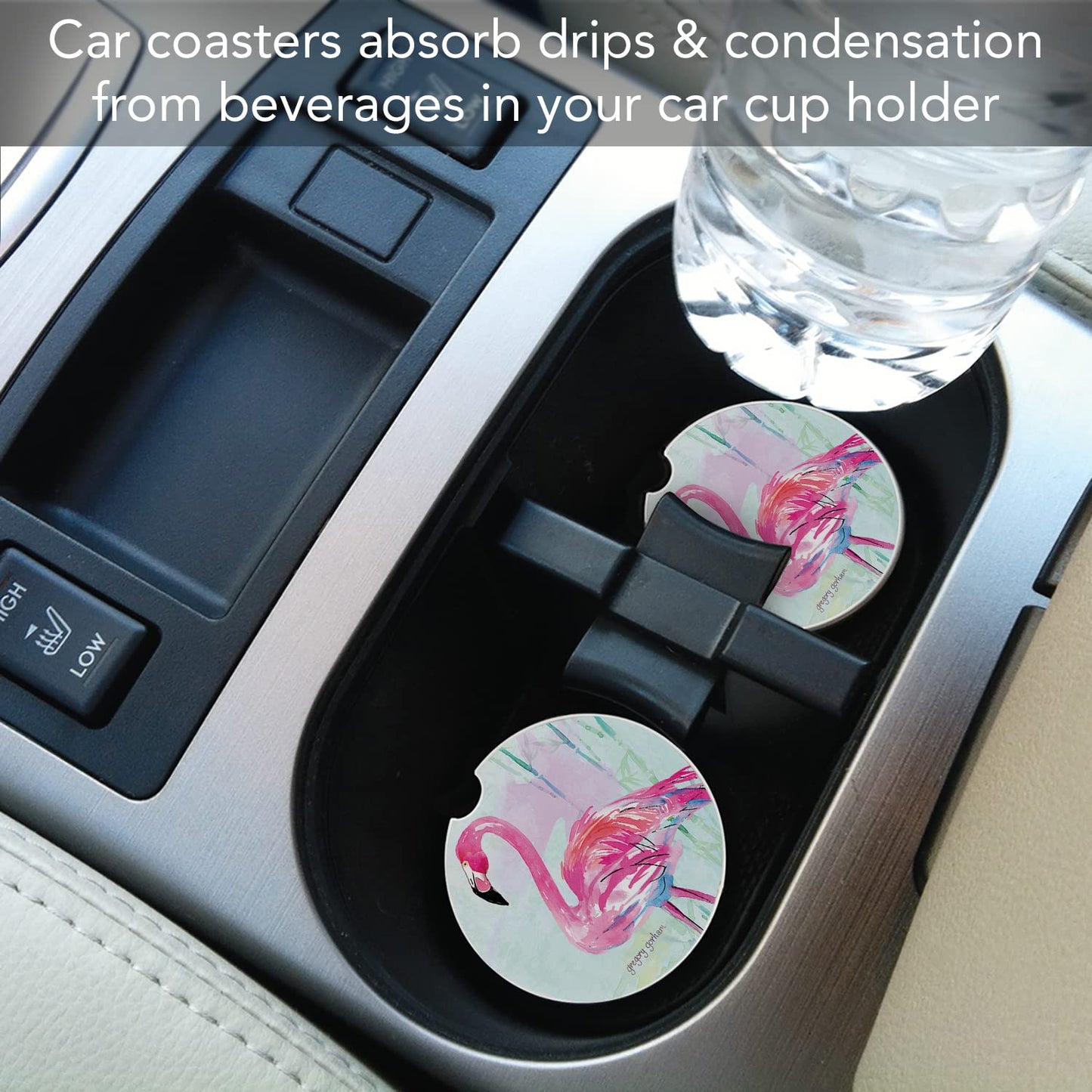 CounterArt "Flamingo Flair" 1 Pack Absorbent Stone Coaster for Vehicle Cup Holder 2.6” Diameter