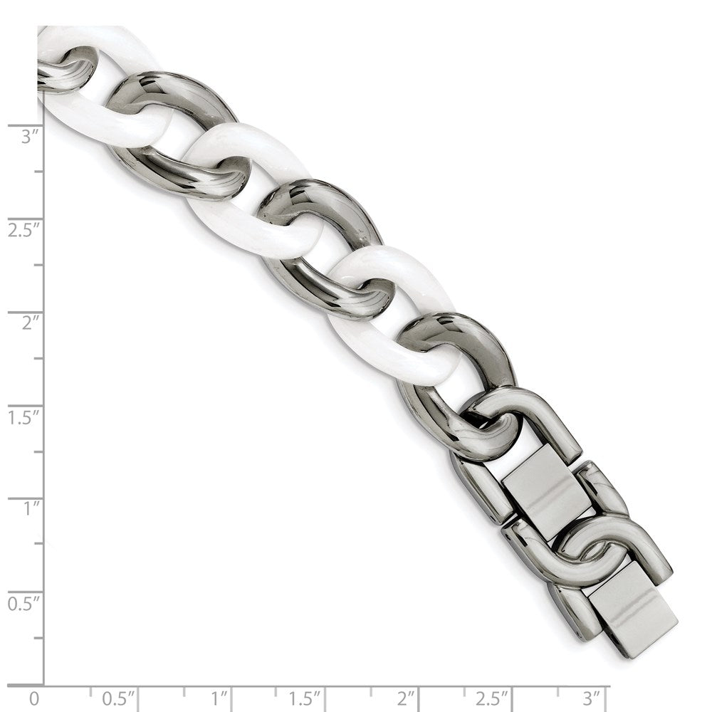 Stainless Steel Polished w/White Ceramic 7.5in w/1in ext. Bracelet 7.25 inches